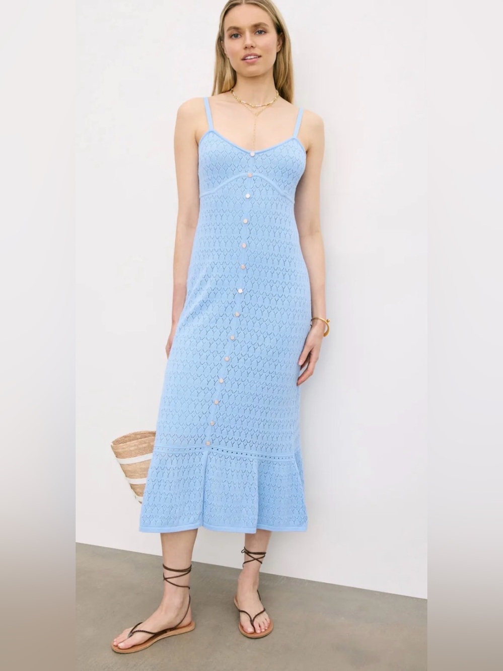 NWT Derek Lam Collective- M -Blue Knit Gold Button Maxi Dress-MSRP $350